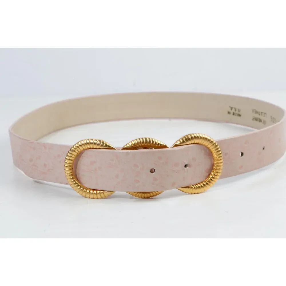 VTG Carlisle Blush Pink Ostrich Leather Belt Gold Ribbed Triple Ring Buckle M